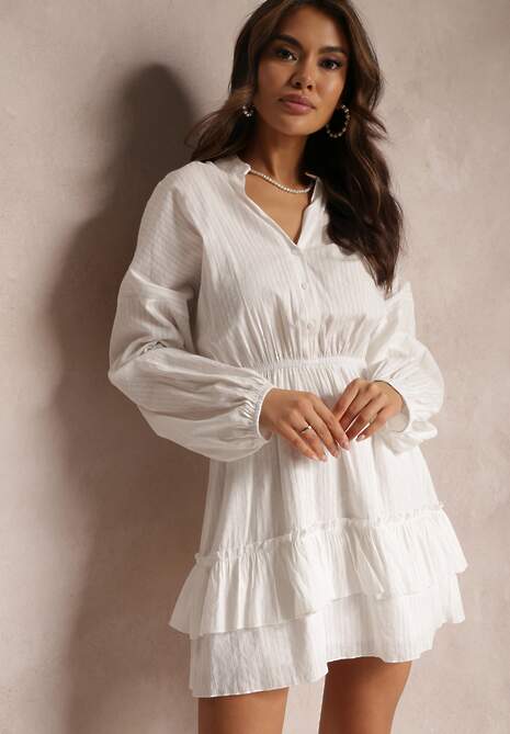 Biała Sukienka z Gumką w Pasie i Falbanką  Amee