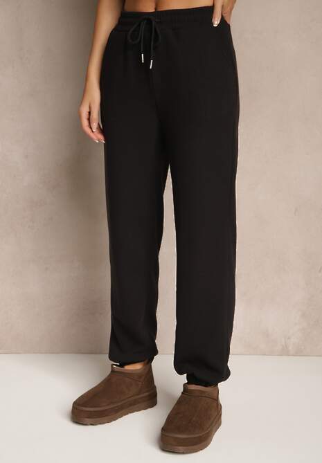 Czarne Dresowe Spodnie z Bawełny z Ociepleniem Ozdobione Sznurkiem Citila
