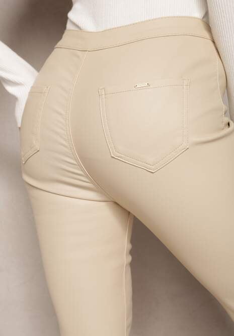 Jasnobeżowe Spodnie z Ekoskóry o Fasonie Skinny Sonowa