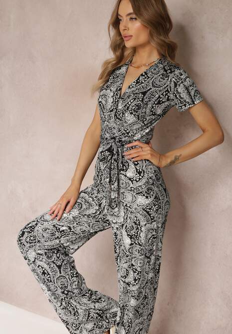Czarno-Szary Kopertowy Kombinezon z Długimi Nogawkami i Materiałowym Paskiem w Kwiaty Lucianne