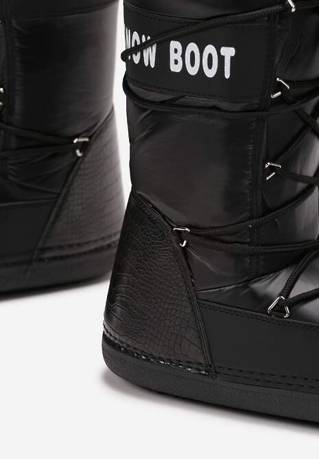 Czarne Wsuwane Śniegowce na Platformie z Wiązaniem i Ozdobną Taśmą Gorgona