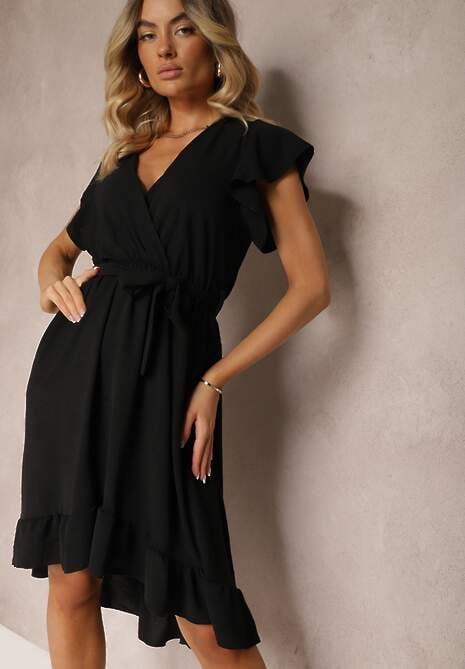Czarna Sukienka z Asymetrycznym Tyłem z Kopertowym Dekoltem Ozdobiona Paskiem w Talii Toridia
