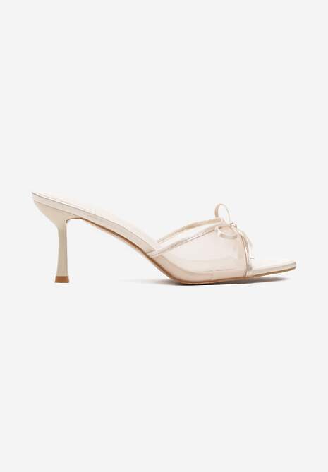 Beżowe Klapki na Szpilce z Kokardą i Transparentną Cholewką Varfitis