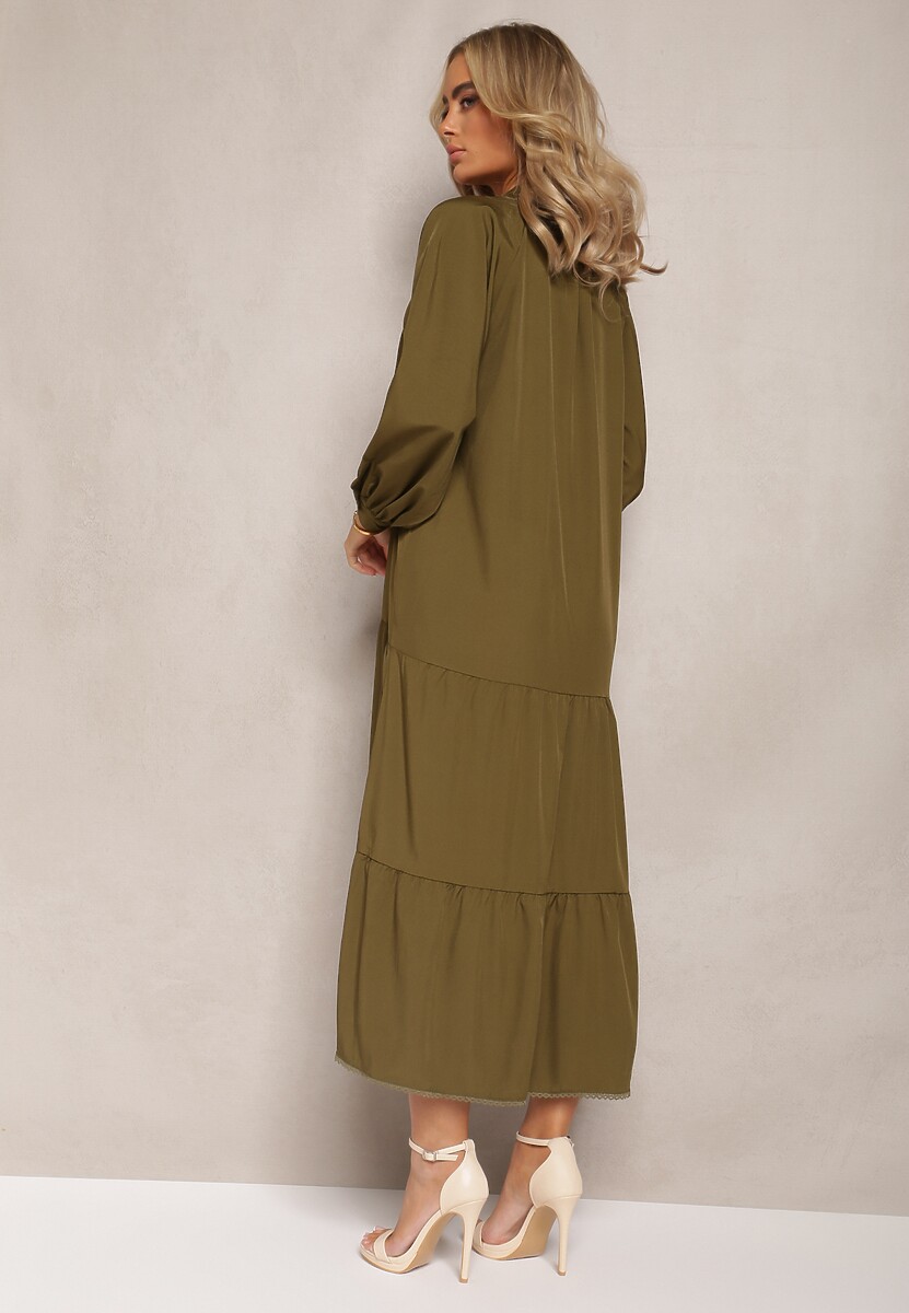 Ciemnozielona Midi Sukienka o Trapezowym Kroju z Ozdobnymi Haftami w Stylu Boho Tactila