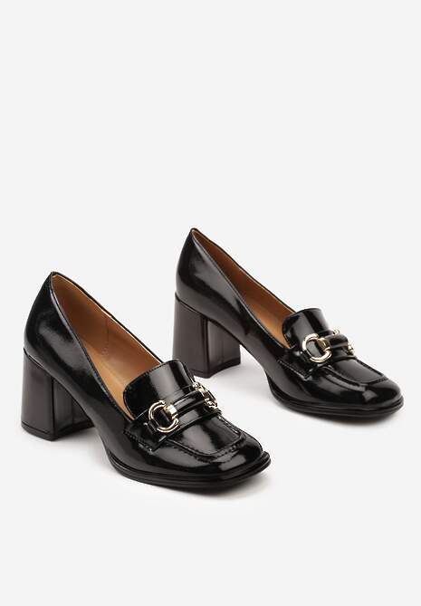 Czarne Lakierowane Półbuty na Obcasie z Kwadratowym Noskiem i Klamrą Leminae