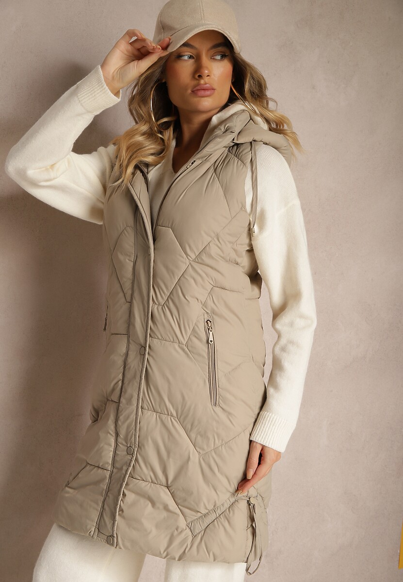 Ciemnobeżowa Kamizelka z Pikowaniem Ściągaczami i Kapturem z Możliwością Odpięcia Norinvia
