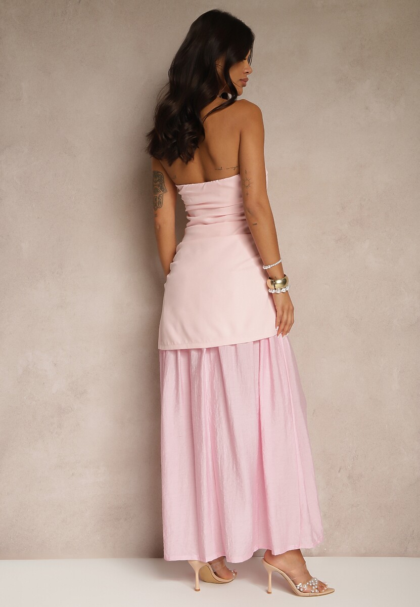 Różowa Sukienka Koktajlowa z Dekoltem Bandeau Ozdobiona Marszczeniem Folimmea