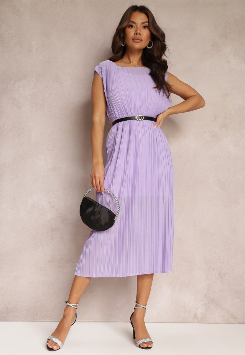 Fioletowa Pudełkowa Sukienka Midi z Plisowanej Tkaniny z Paskiem z Klamerką Lanaia