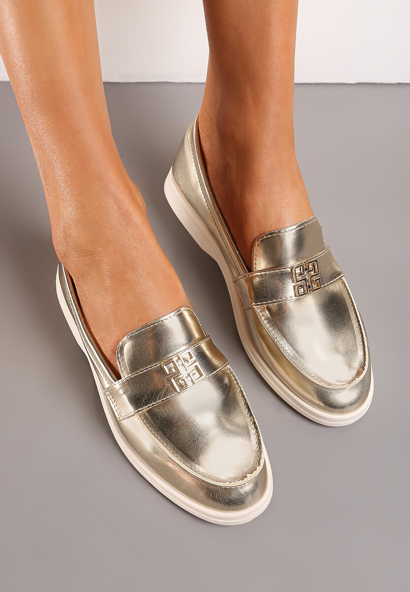 Złote Mokasyny Loafersy z Minimalistyczną Klamrą Nanahla