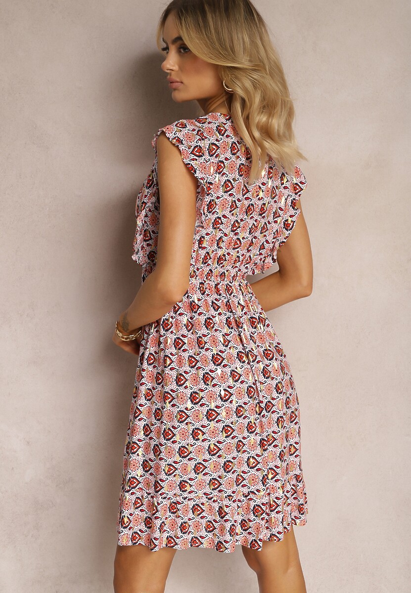 Beżowo-Czerwona Sukienka z Gumką w Talii z Wiskozy w Abstrakcyjny Wzór Lianefa