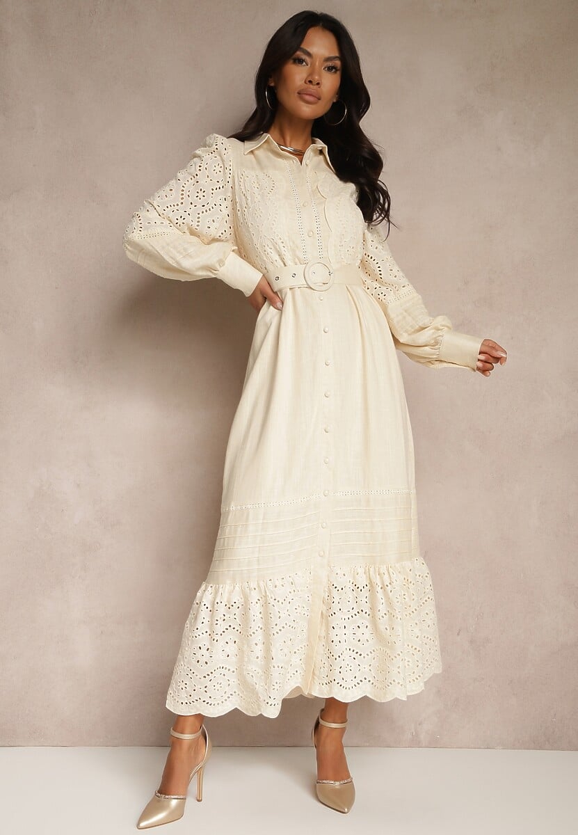 Beżowa Ażurowa Sukienka Koszulowa z Paskiem z Lnu i Wiskozy Arinemes