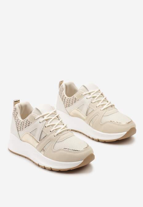 Beżowe Sneakersy z Siateczkowymi i Metalicznymi Zdobieniami Detama