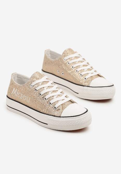 Złote Wężowe Brokatowe Trampki z Napisem i Niską Cholewką Borlevi