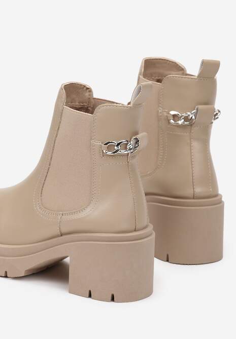 Beżowe Botki Sztyblety na Słupku z Protektorem i Ozdobnym Łańcuchem Shalise