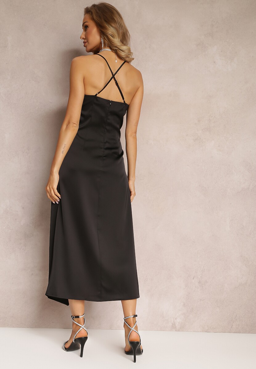 Czarna Sukienka Maxi z Rozcięciem i Marszczeniem Viviepa