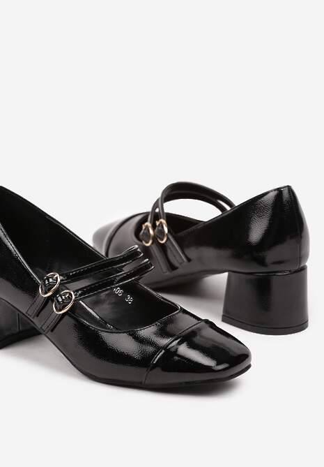 Czarne Lakierowane Czółenka na Obcasie z Kwadratowym Noskiem i Podwójnym Paskiem Rearielith