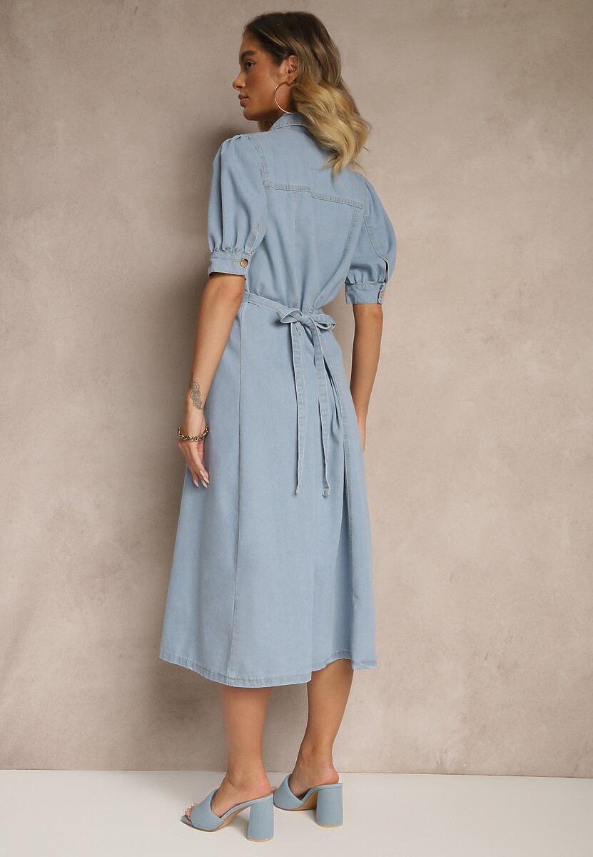 Jasnoniebieska Jeansowa Sukienka Koszulowa z Bufiastymi Rękawami i Paskiem Evirona