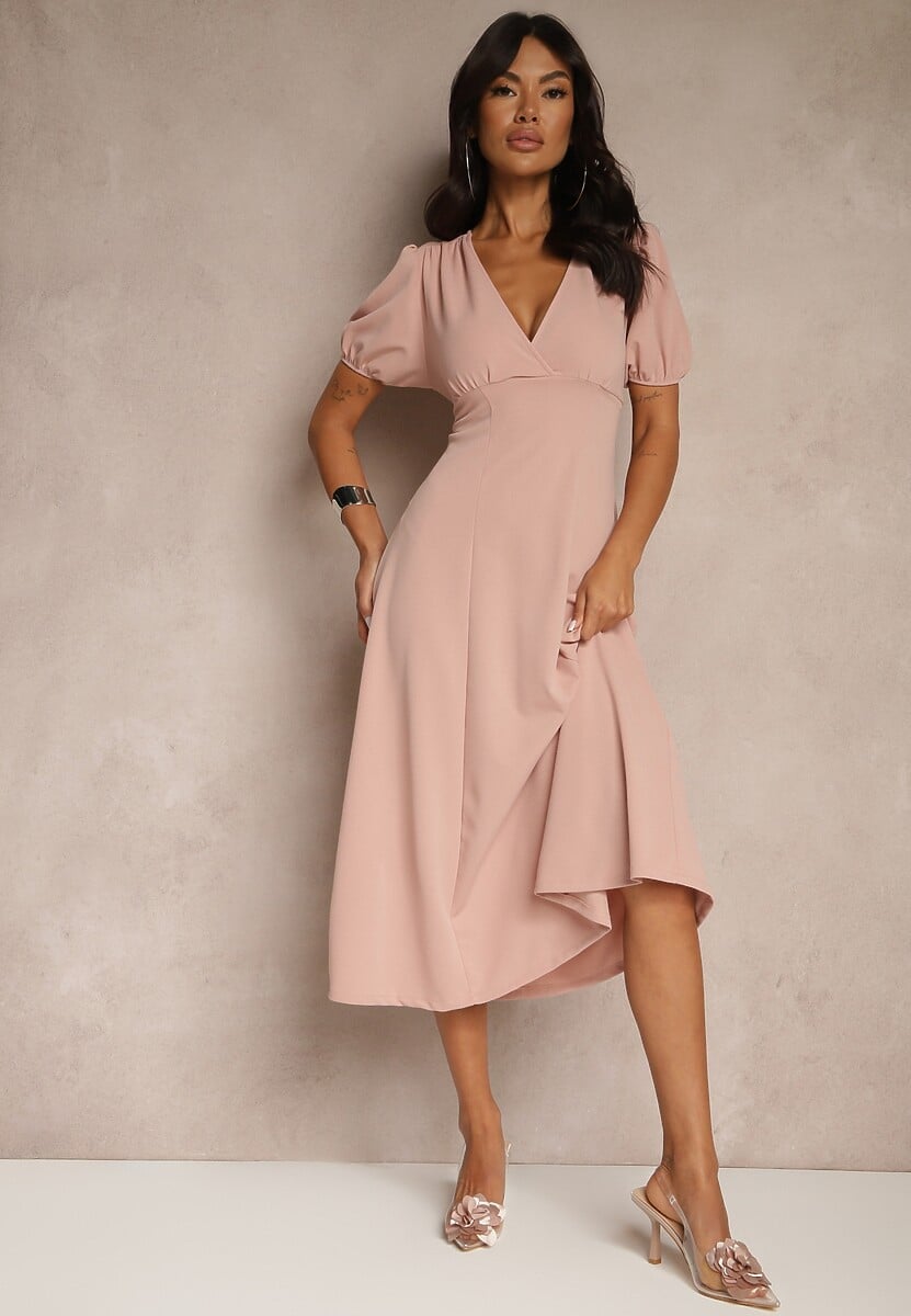 Różowa Rozkloszowana Sukienka Koktajlowa Ozdobiona Wiązaniem Ziverine