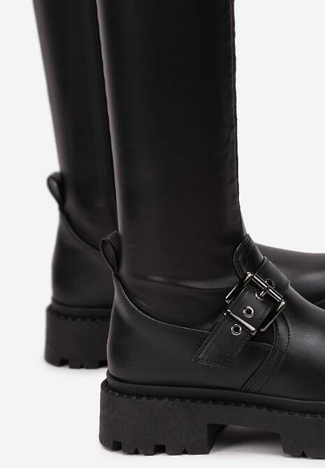 Czarne Kozaki za Kolano na Grubej Podeszwie Ismara