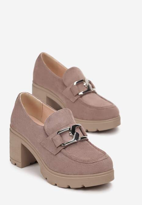 Ciemnobeżowe Półbuty na Platformie i Obcasie Zdobione Klamerką Cynalline