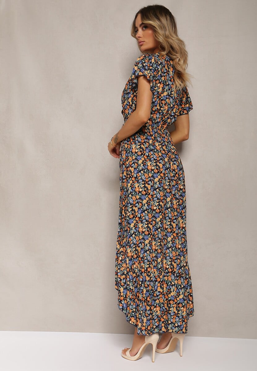 Czarno-Niebieska Sukienka z Bawełny Kopertowa z Paskiem w Talii w Kwiatowy Print Risalline