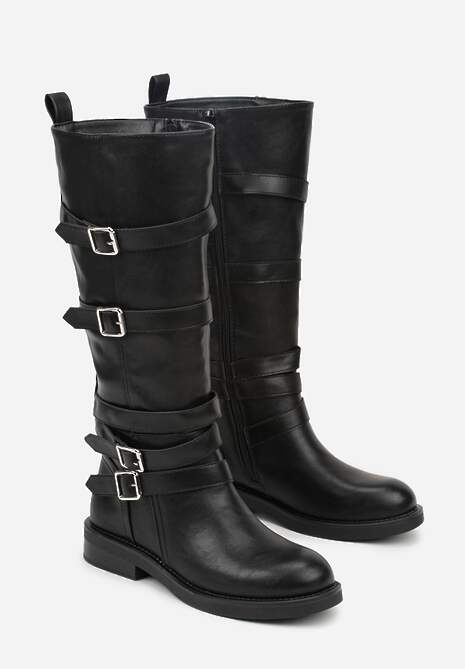 Czarne Kozaki Typu Bikery z Kwadratowymi Klamrami i Paskami Linadra