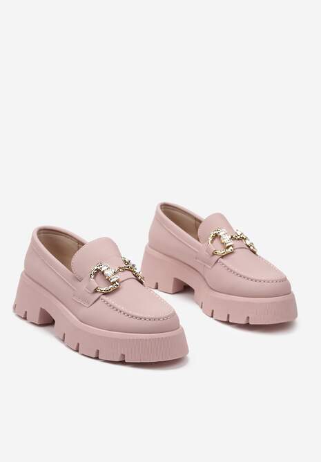Różowe Mokasyny z Grubą Podeszwą w Kolorze Cholewki z Klamrą Rosarose
