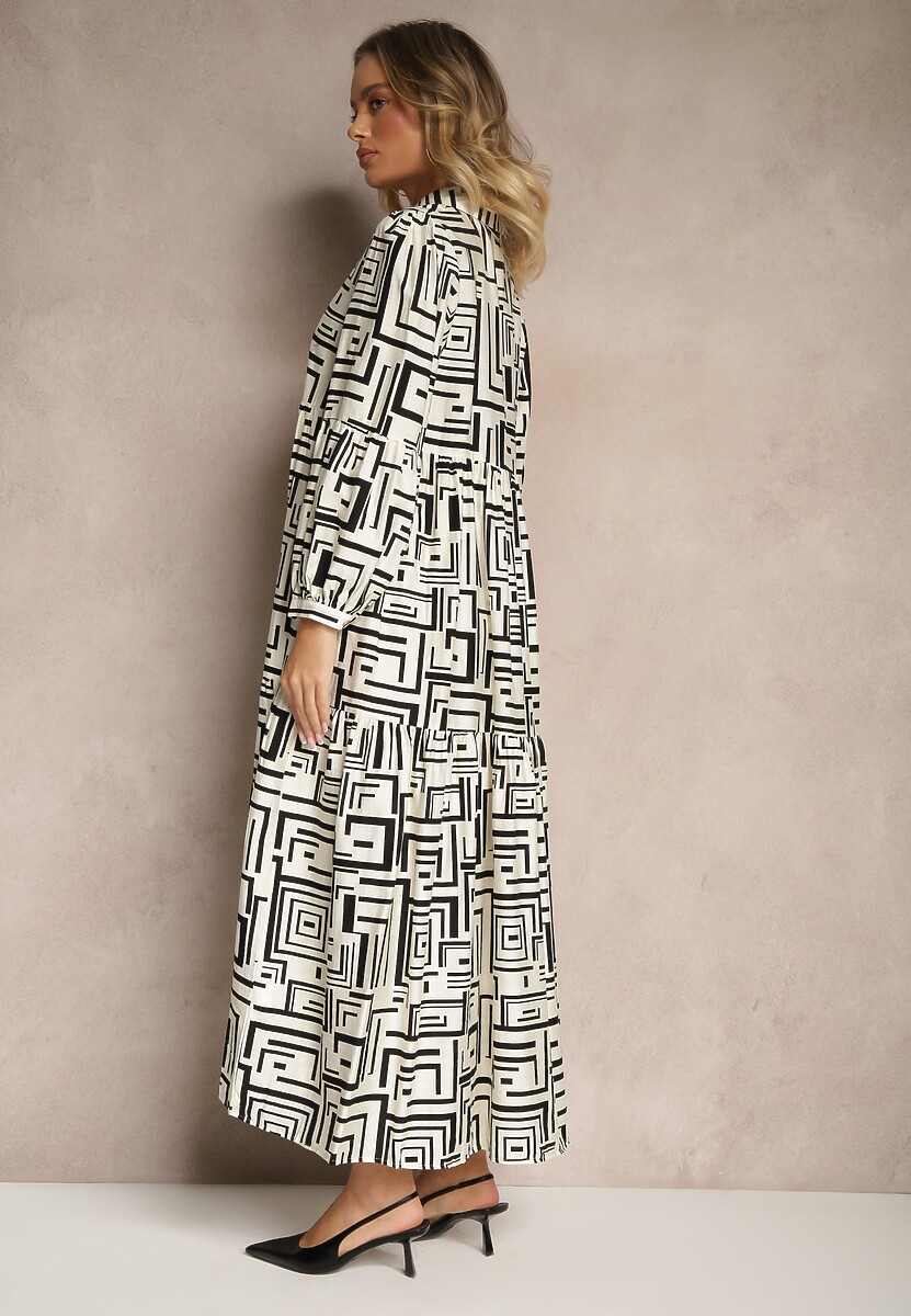 Czarna Rozkloszowana Sukienka z Wiskozą w Geometryczny Print Apirestia