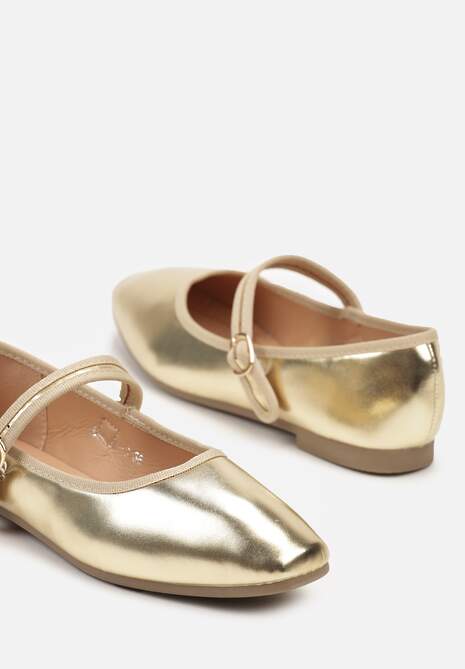 Złote Balerinki na Płaskiej Podeszwie Wykończone Kwadratowym Noskiem i Paskiem Vliora
