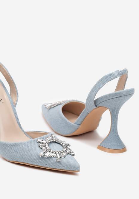 Jasnoniebieskie Sandały na Obcasie Klepsydra z Paskiem z Gumką i Kryształkami Alatria