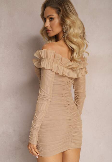 Ciemnobeżowa Dopasowana Sukienka Hiszpanka z Siateczki i Falbaną Sprlia