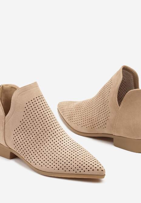 Beżowe Płaskie Botki Vices z Ażurową Cholewką Ozdobione Wycięciem Selanis