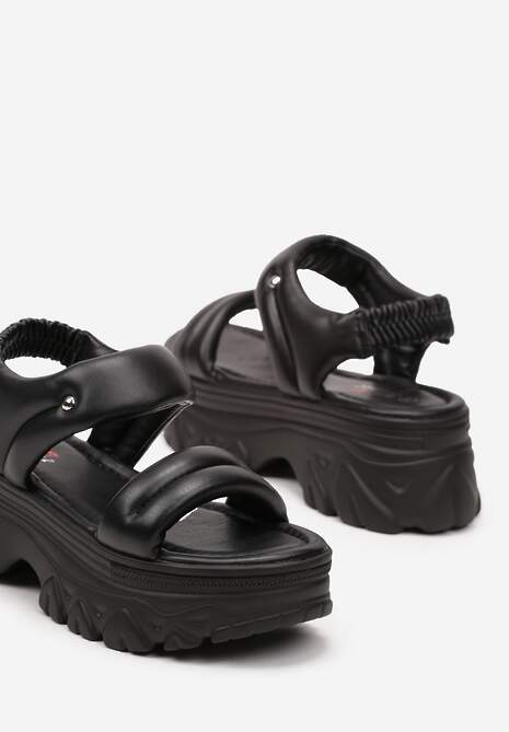 Czarne Sandały z Imitacji Skóry na Płaskiej Grubej Podeszwie Farena
