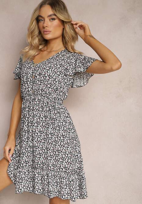 Czarno-Biała Sukienka z Bawełny w Kwiatki z Elastyczną Gumką w Pasie i Krótkimi Rękawami Nahone