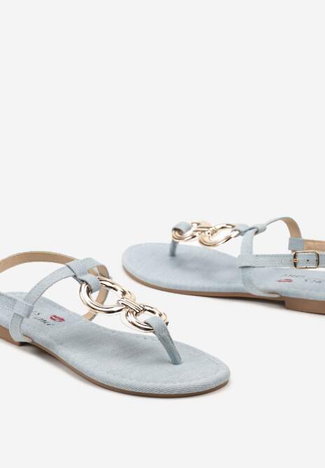 Jasnoniebieskie Płaskie Sandały z Ekoskóry Zapinane na Sprzączkę z Ozdobnymi Aplikacjami Viruna