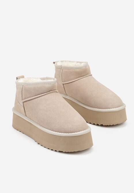 Beżowe Wsuwane Śniegowce z Zamszu Naturalnego na Grubej Podeszwie Mevilira