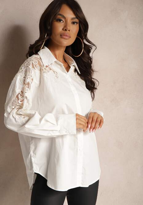 Biała Koszula z Bawełny Ozdobiona Koronką na Rękawach Edestina