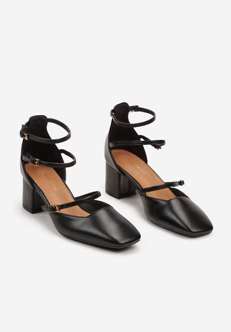 Czarne Czółenka na Słupku Wykończone Paskami ze Sprzączkami i Kwadratowym Noskiem Naviana