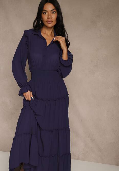 Granatowa Sukienka VICES Koszulowa z Falbaną w Rustykalnym Stylu Arivite