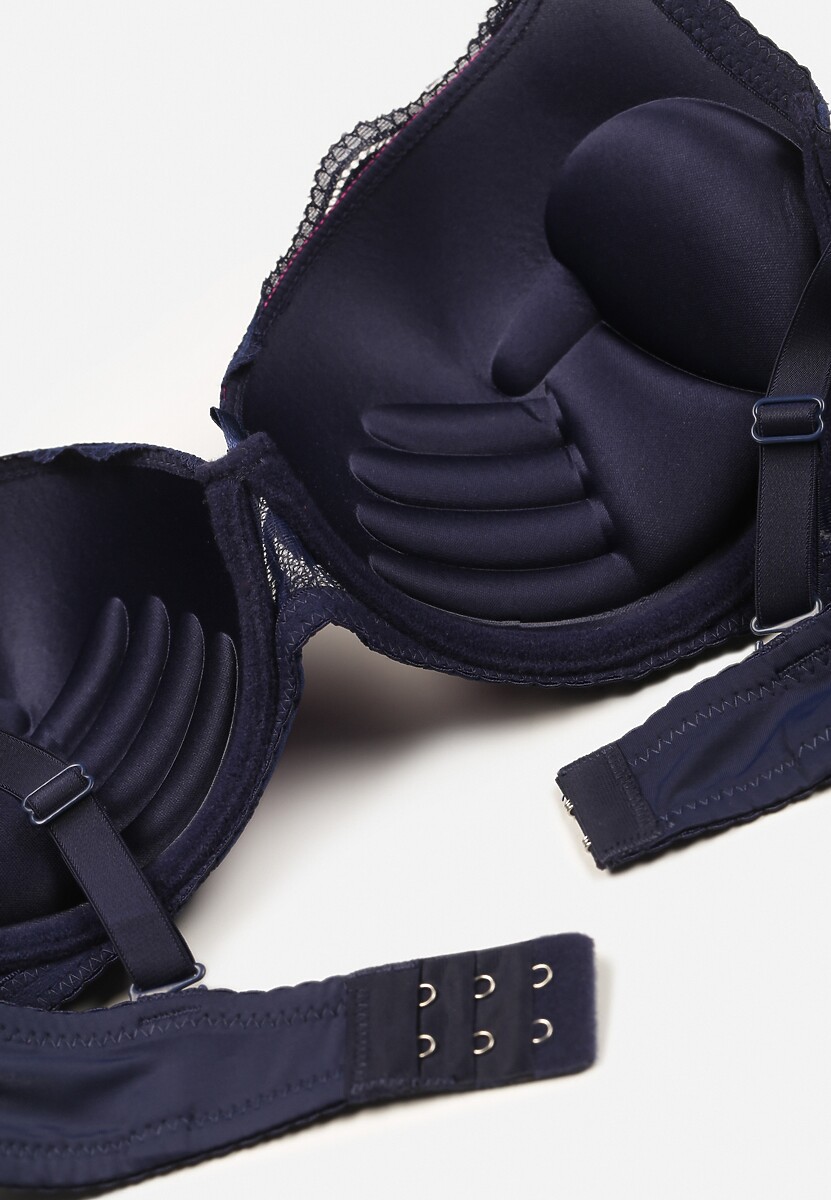 Granatowo-Fuksjowy Biustonosz Ozdobiony Koronką Push-Up Operi