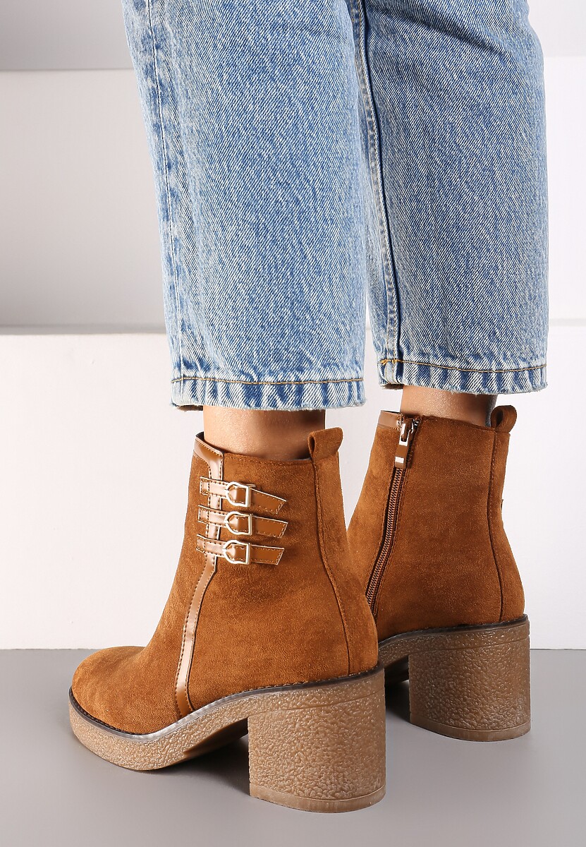 Brązowe Botki na Słupku z Trzema Paseczkami z Klamerkami Ivenitha
