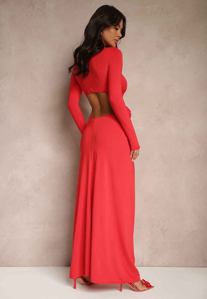 Czerwona Koktajlowa Sukienka z Wiskozą Ozdobiona Kwiatem 3D i Wycięciami Hannith