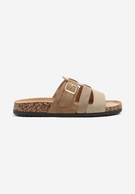 Beżowe Klapki z Ozdobnymi Paskami ze Sprzączką Derice