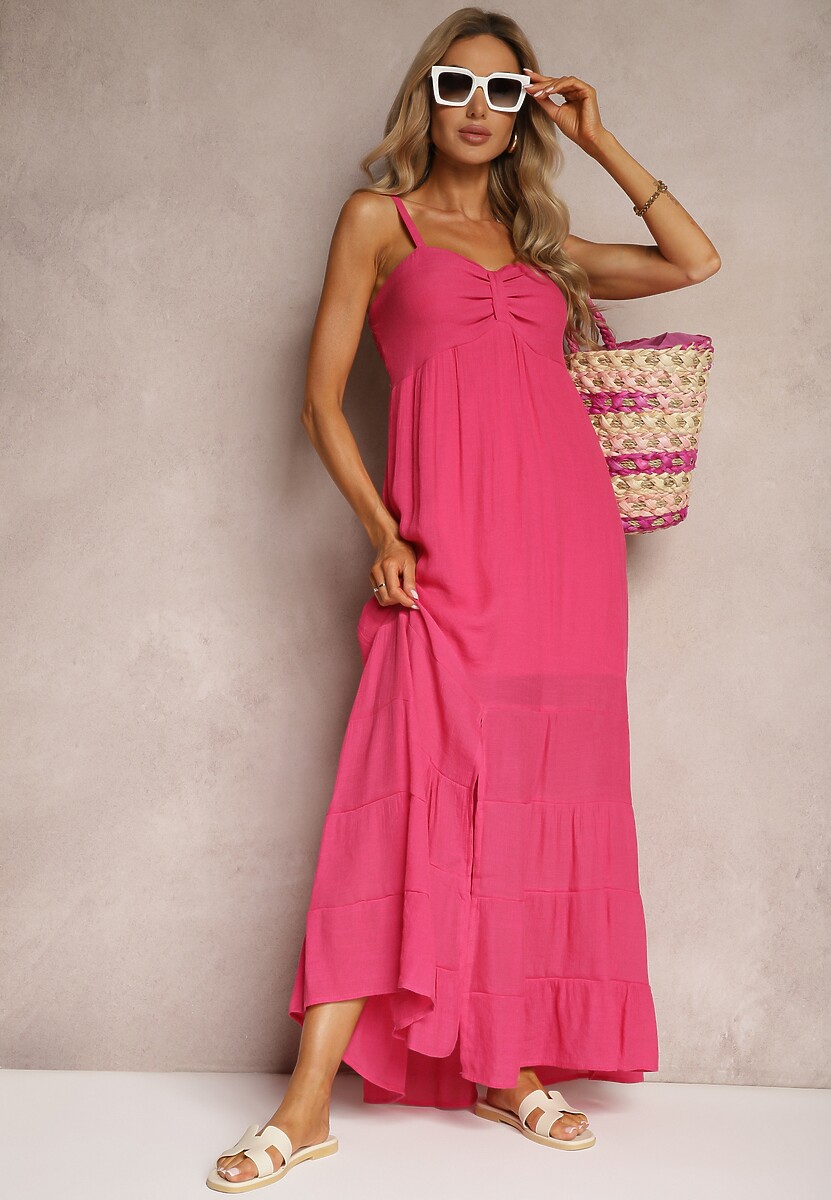 Fuksjowa Sukienka z Dodatkiem Bawełny na Ramiączkach z Regulacją oraz Gumką z Tyłu Tinanoras