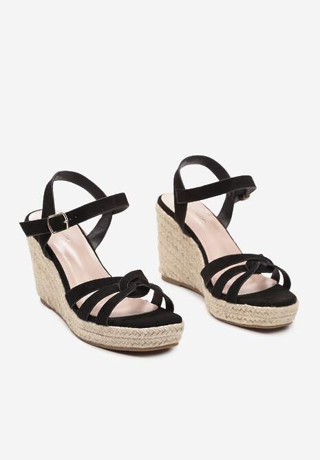Czarne Casualowe Sandały na Koturnie w Stylu Boho z Plecionką Grendia