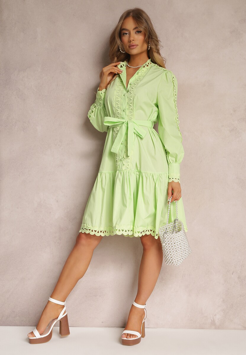 Jasnozielona Sukienka Midi z Ażurowymi Wstawkami i Wiązanym Paskiem Hudo