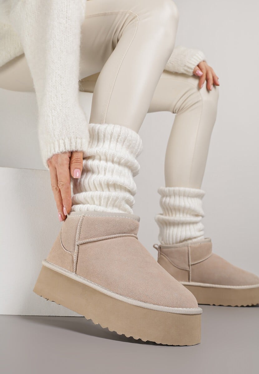 Beżowe Wsuwane Śniegowce z Zamszu Naturalnego na Grubej Podeszwie Mevilira