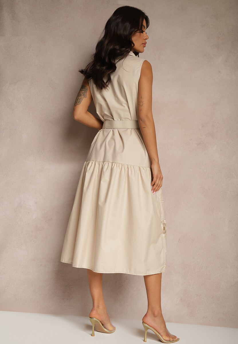 Beżowa Sukienka o Koszulowym Kroju z Paskiem Zdobiona Haftem Talliera