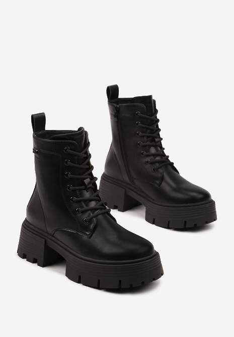 Czarne Botki Workery na Platformie i Słupku ze Sznurowaniem Iniefra