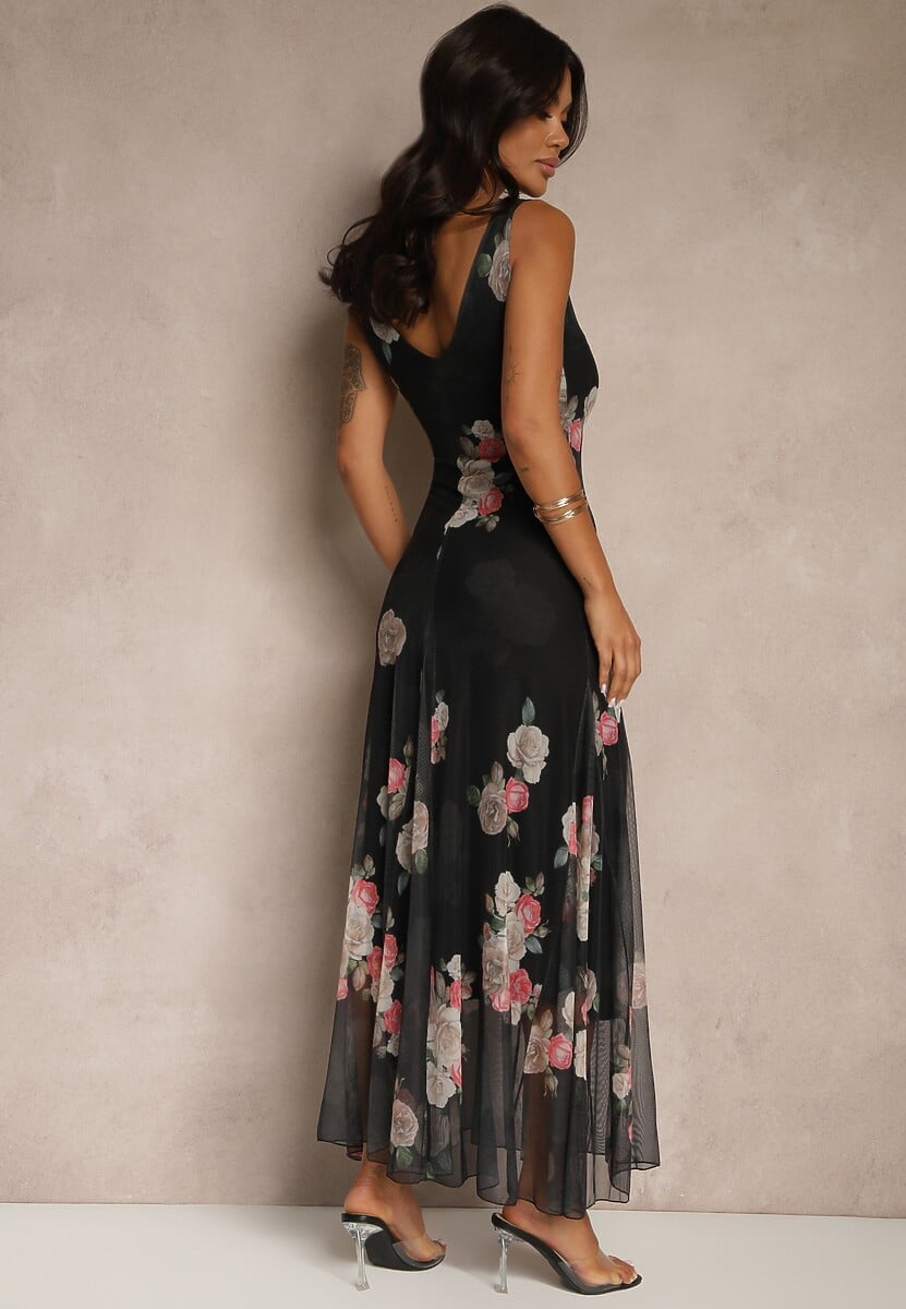 Czarna Sukienka Siateczkowa w Kwiaty Milosea